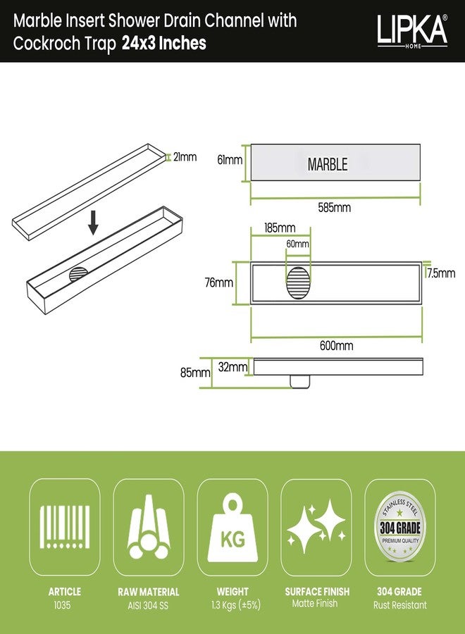 LIPKA Marble Insert Shower Drain Channel | 24 x 3 Inches| 304-Grade Stainless Steel Long Floor Drain for Bathroom & Shower Areas | 21mm Marble Invisible Water Drainer with Side Hole & Cockroach Trap - Image 2